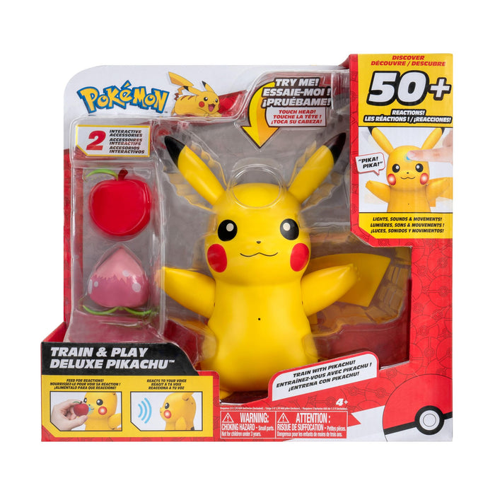 Pokémon Train and Play Deluxe Pikachu - 4.5-Inch Pikachu Figure with Lights, Sounds, and Moving Limbs plus Interactive Accessories