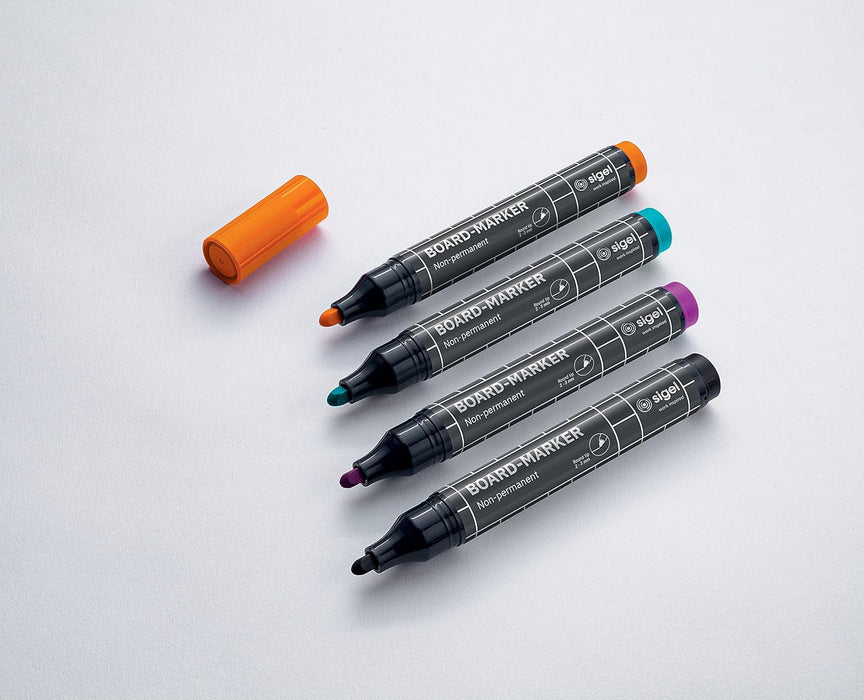 SIGEL BA011 Set of 4 Glass / WhiteBoard markers, erasable, "cap off" ink, Ø 2-3 mm bullet tips, 4 colors (Black / Turquoise / Magenta / Orange) black/turquoise/magenta/orange