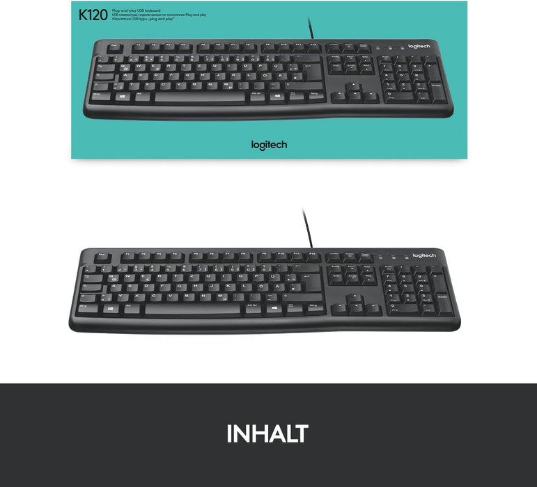 Logitech K120 Wired Keyboard for Windows, QWERTZ German Layout - Black Single