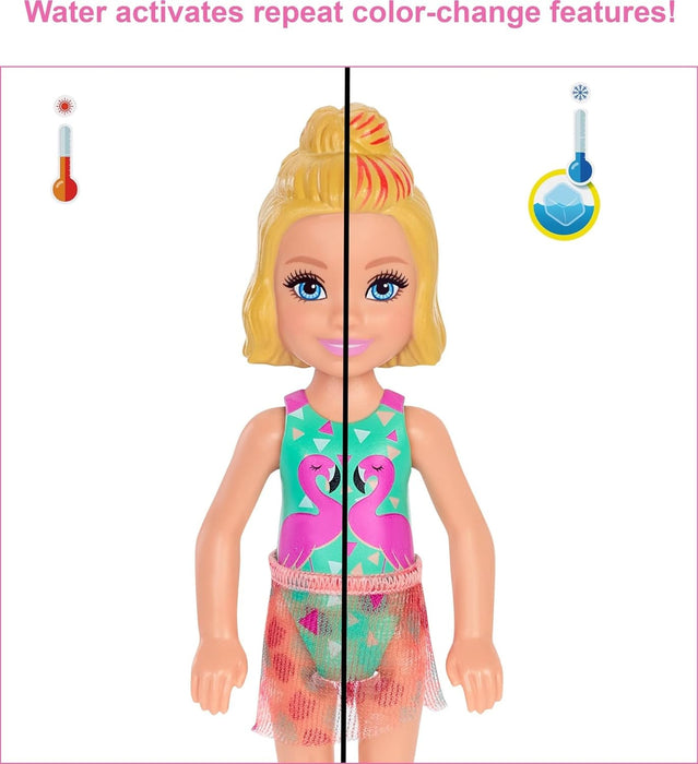 Barbie GTT25 Chelsea Color Reveal Doll with 6 Surprises: 4 Bags with Cover-Up, Shoes, Towel & Accessory, Multicolor, 15.88 cm*8.4 cm*8.4 cm Sand & Sun