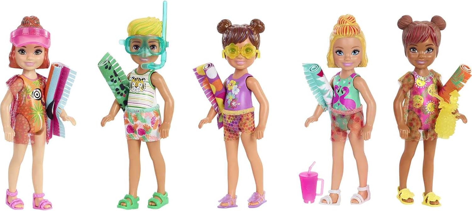 Barbie GTT25 Chelsea Color Reveal Doll with 6 Surprises: 4 Bags with Cover-Up, Shoes, Towel & Accessory, Multicolor, 15.88 cm*8.4 cm*8.4 cm Sand & Sun